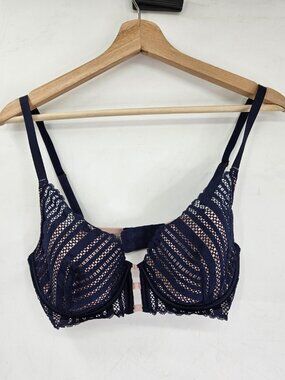Victorias Secret Bra Womens 34D Blue Pink Lace Modern Plunge Sexy Lingerie Fit